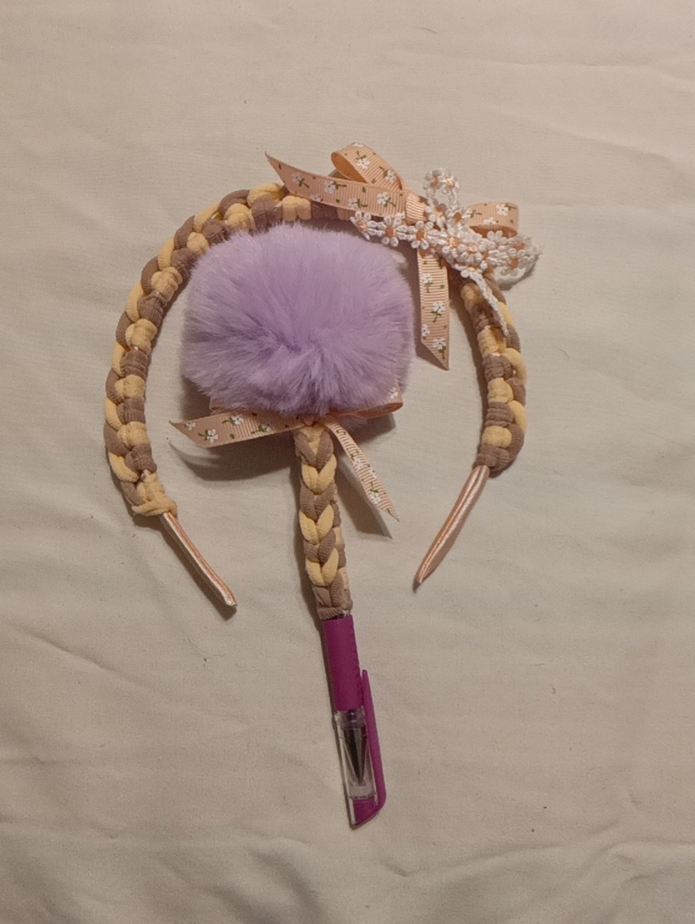 Kids Braided Headband with Lilac Pom Pom and Cream Ribbon